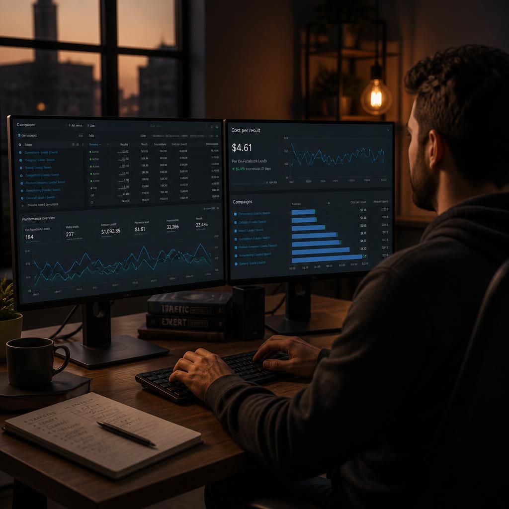 Meta ads dashboard with performance graphs and cost-per-lead metrics